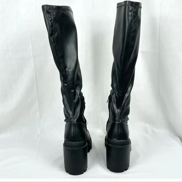 Steve Madden Black Platform Boots Tall Faux Leather Roxanna Lug Sole New - Picture 5 of 8